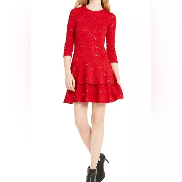NWT $135 Michael Kors Sequin 3/4 Sleeve Tiered Flounce Dress Black Red size xs - Picture 1 of 3